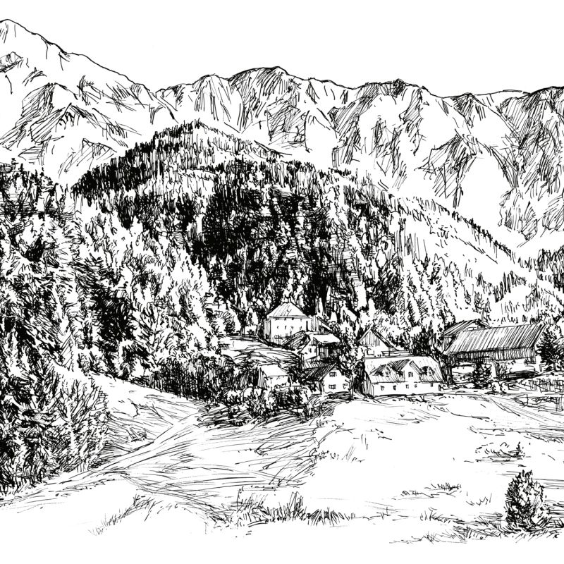 Original black ink drawing of an Alpine village, pine forest and mountain panorama