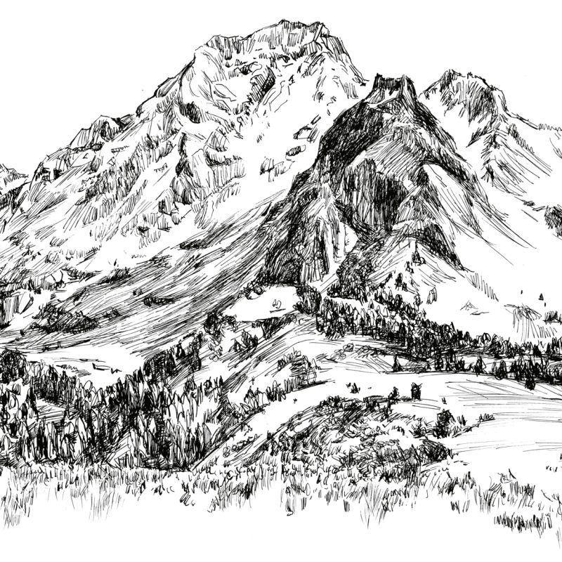 Black ink illustration of a steep Alpine peak above mountain forests and a valley
