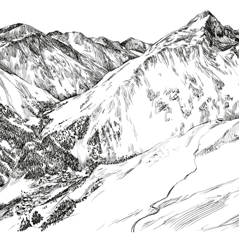 Original ink illustration of a snow-covered mountain slope overlooking an Alpine valley