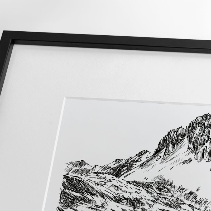 Framed Alpine ink artwork detail featuring a pointed rocky mountain summit
