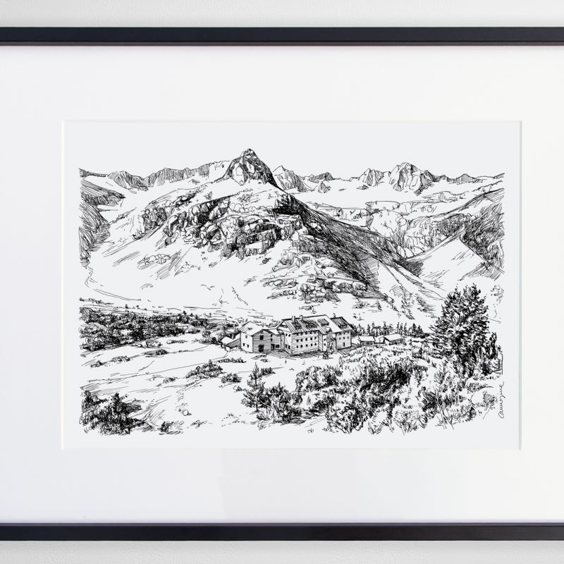 Framed black ink illustration of an Alpine mountain landscape with a village beneath snowy peaks
