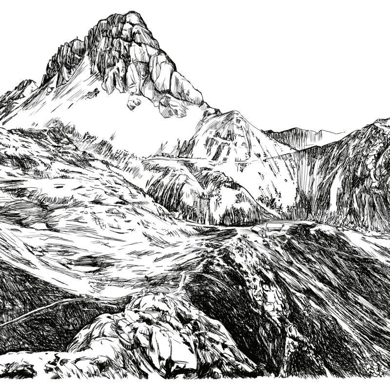 Black ink drawing of a prominent rocky Alpine summit surrounded by mountain ridges