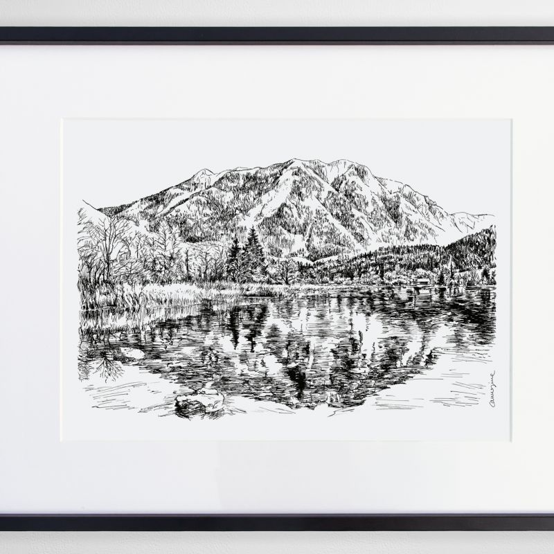 Framed monochrome Alpine landscape illustration of a mountain reflected in a lake