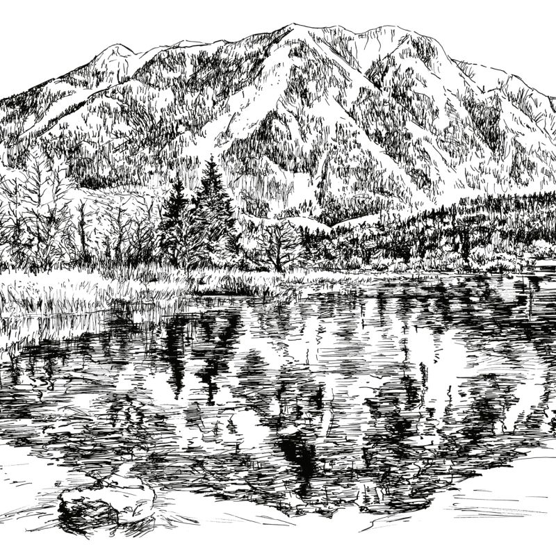 Original ink drawing of an Alpine lake reflecting a wooded mountain and rocky summit