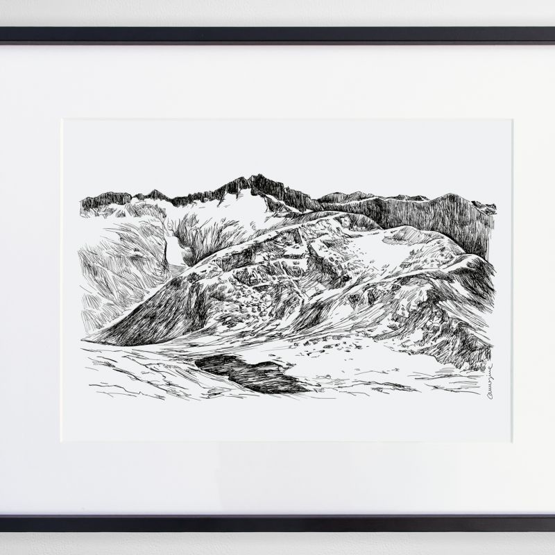 Framed original ink illustration of a rocky mountain landscape and winding Alpine slopes