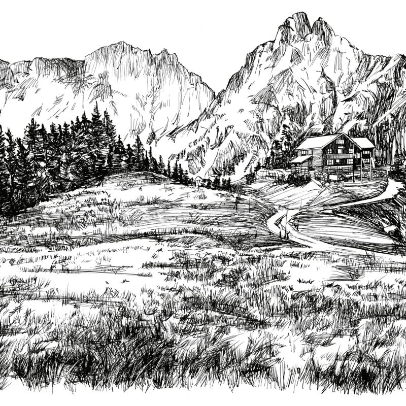 Alpine landscape illustration in black ink showing a mountain hut and meadow beneath steep peaks