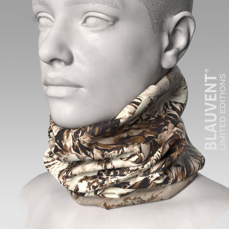 3D mannequin wearing a multifunctional neckwarmer with a brown mountain camouflage print.