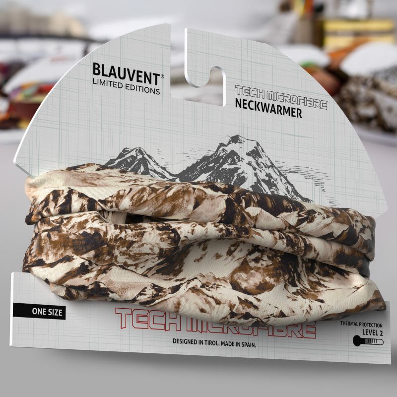 Camouflage-print multifunctional neckwarmer displayed in BLAUVENT retail packaging.