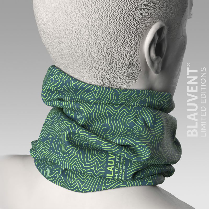Rear three-quarter 3D view of a green topographic-pattern neckwarmer worn on a mannequin.