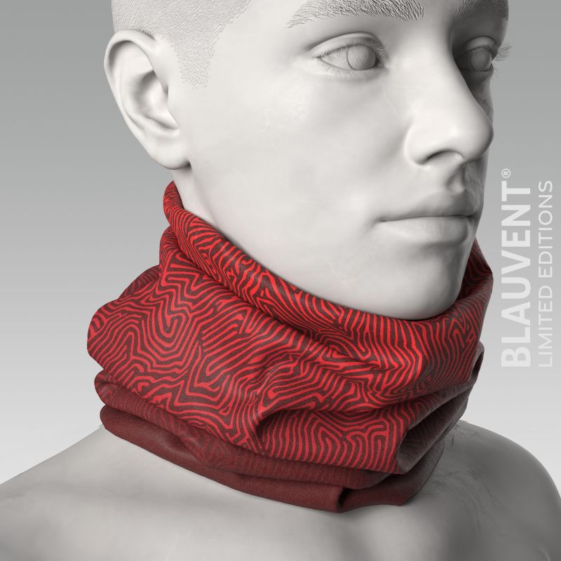 Three-quarter 3D view of a red topographic-print neckwarmer worn around a mannequin neck.