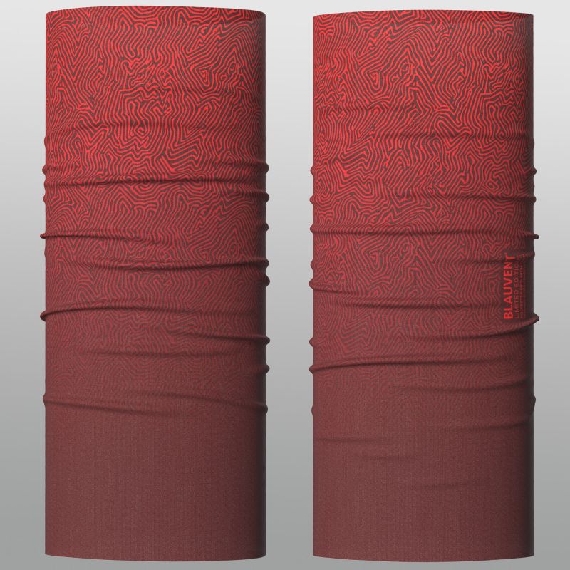Front and back product views of a red neckwarmer with subtle contour-line graphic print.