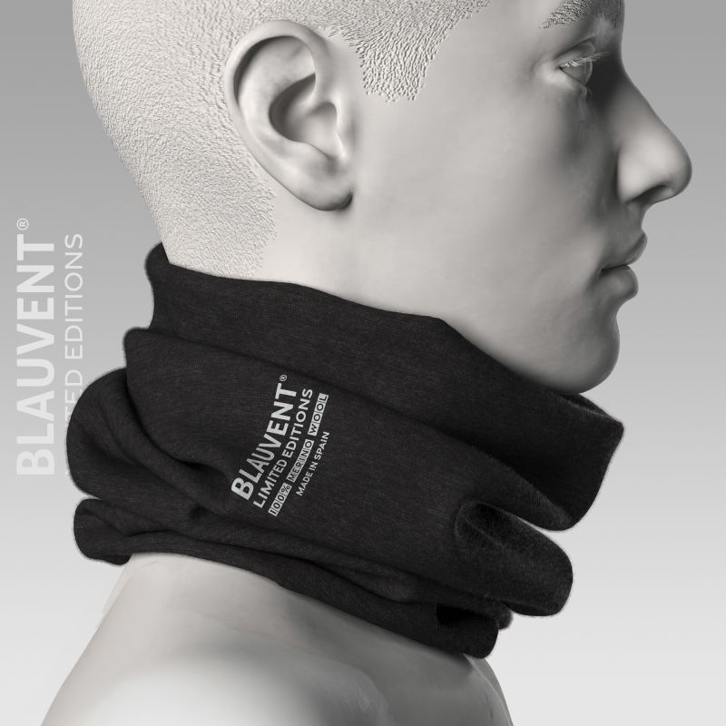 Side-profile 3D product visualisation of a black BLAUVENT merino wool neckwarmer on a mannequin.