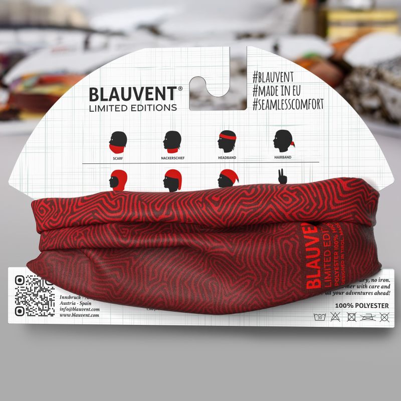 Red contour-pattern multifunctional neckwarmer displayed on BLAUVENT retail packaging.