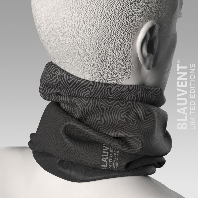 Rear 3D view of a charcoal grey topographic neckwarmer worn loosely around the neck.