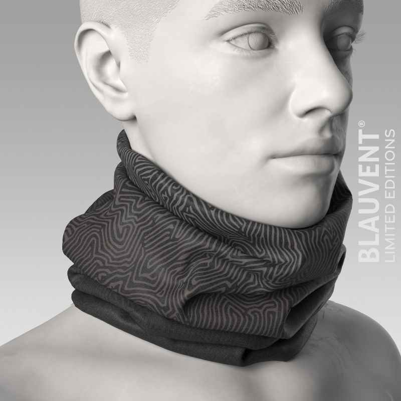 Three-quarter front 3D render of a charcoal grey topographic-print multifunctional neckwarmer.