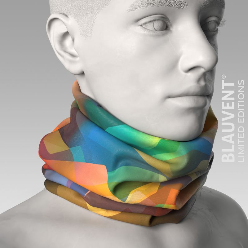 3D mannequin wearing a multicoloured abstract geometric-print neckwarmer.