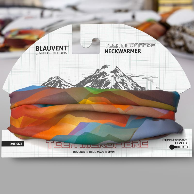 Colourful geometric-print multifunctional neckwarmer presented on BLAUVENT retail packaging.
