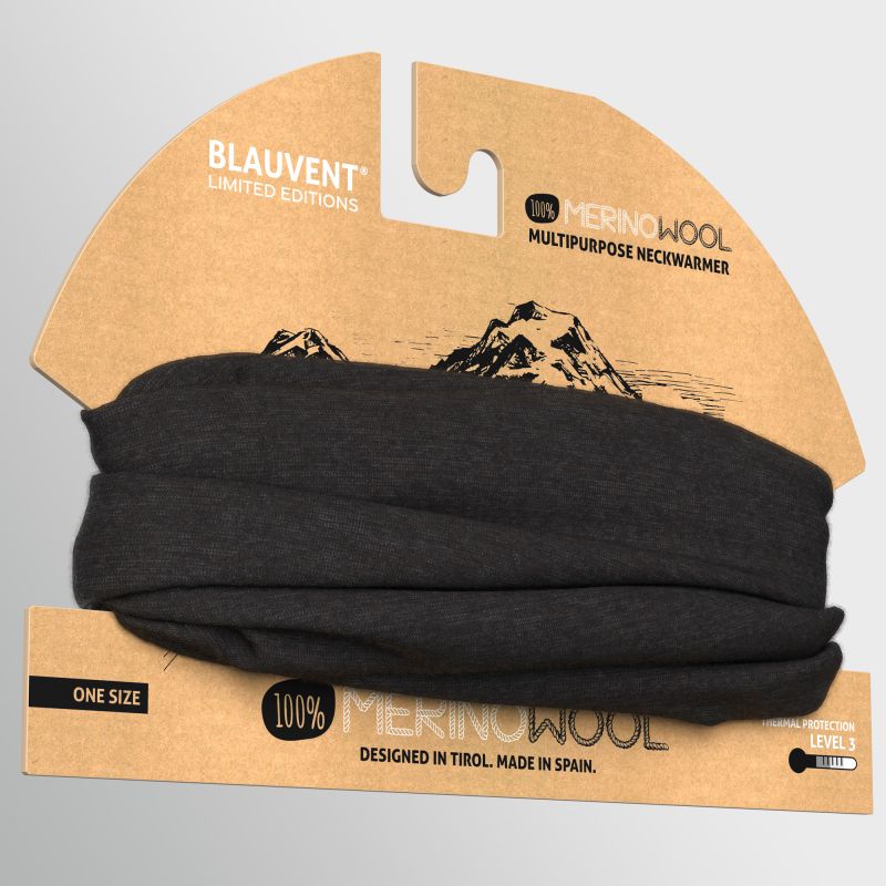 Black BLAUVENT merino wool neckwarmer displayed on branded cardboard retail packaging.