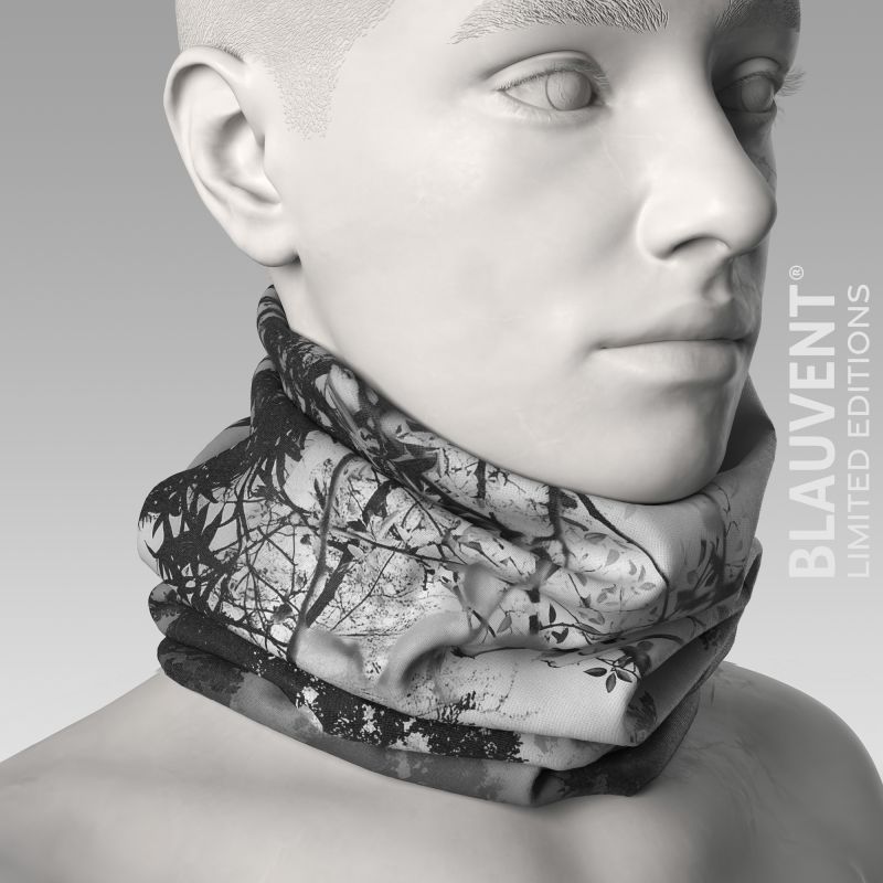 Three-quarter 3D view of a mannequin wearing a black-and-white woodland-print neckwarmer.