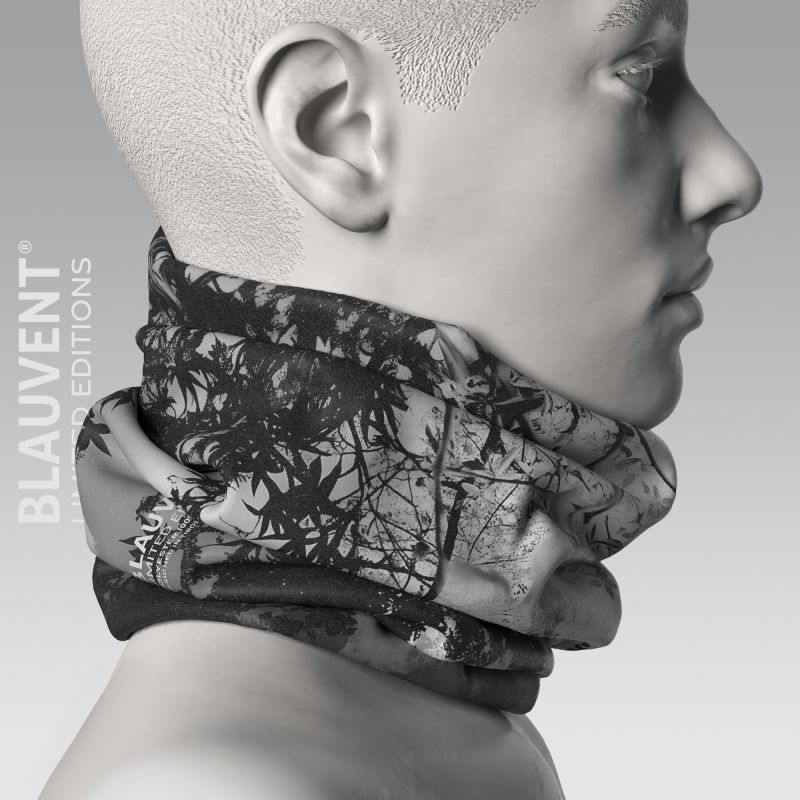 Side-profile 3D render of a monochrome forest illustration neckwarmer.