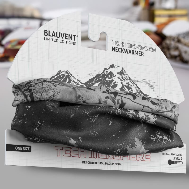 Black-and-white woodland-print multifunctional neckwarmer with BLAUVENT branded retail card.