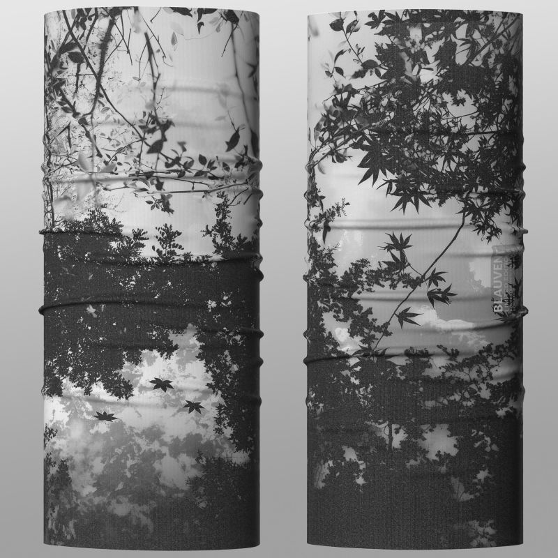 Front and back views of a tubular neckwarmer featuring black-and-white tree silhouettes.