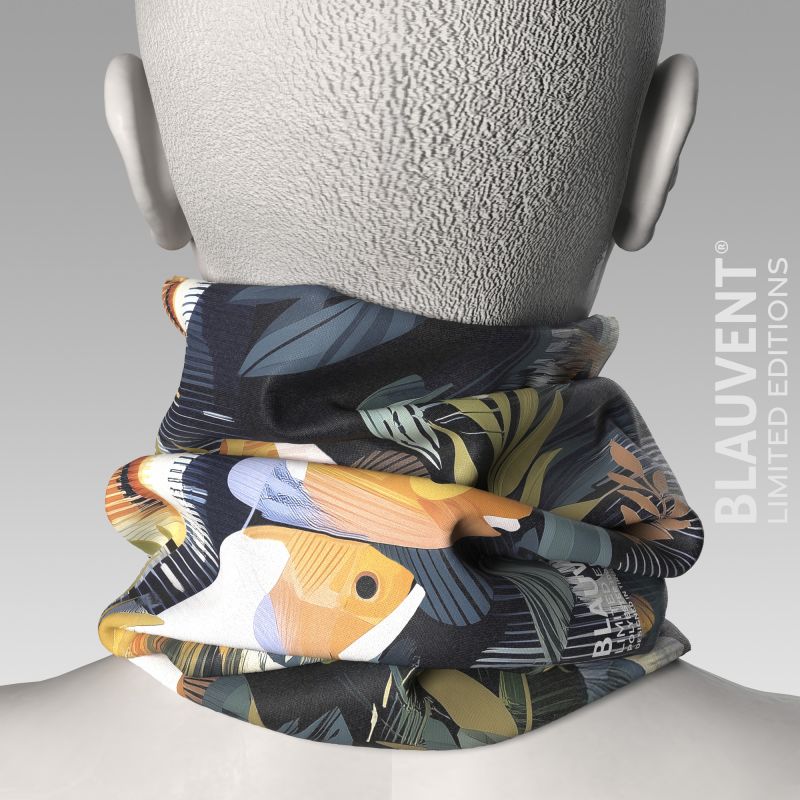 Rear 3D view of a printed neckwarmer featuring tropical leaves and illustrated fish.