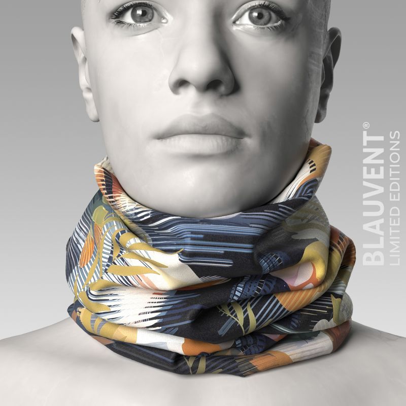 Front 3D visualisation of a neckwarmer with colourful fish and tropical foliage graphics.