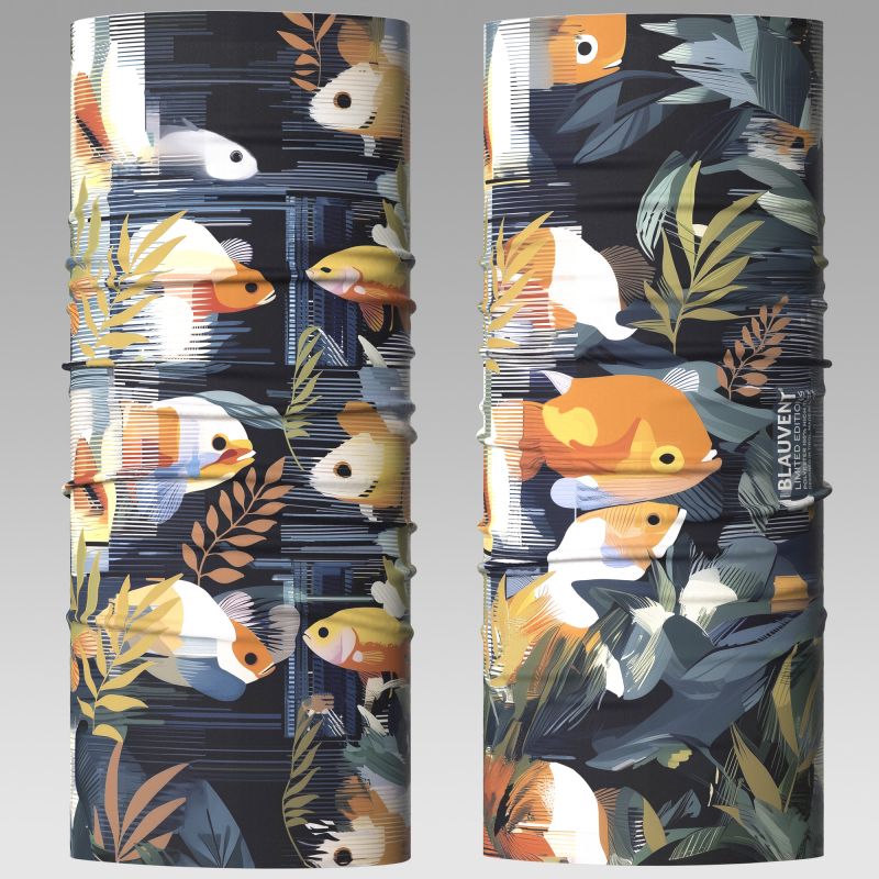 Front and back tubular product views of a dark tropical-print neckwarmer with colourful fish and leaves.