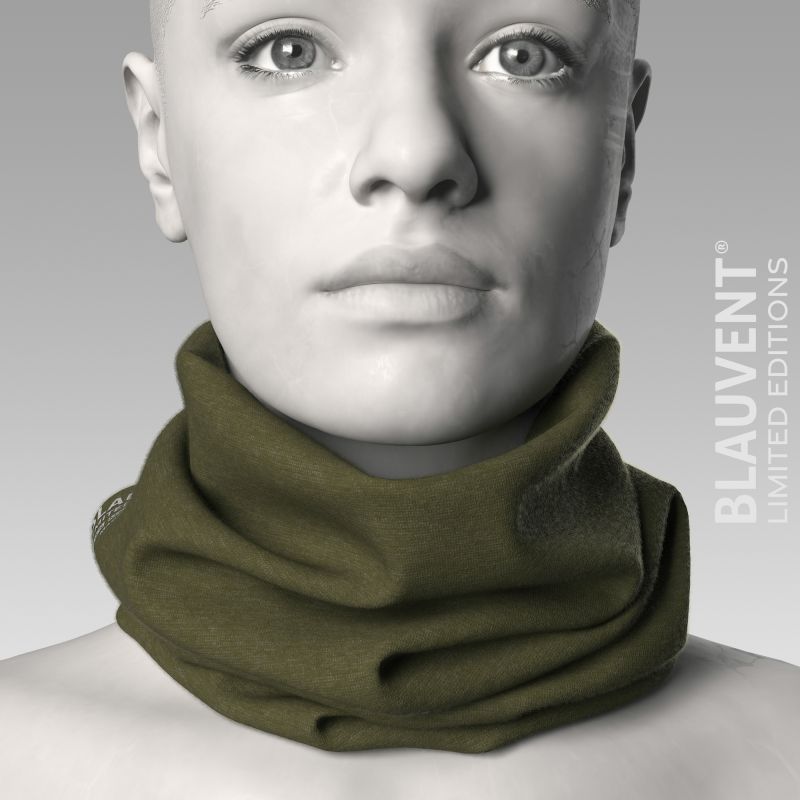 Front-view 3D visualisation of an olive-green merino wool neckwarmer worn around the neck.