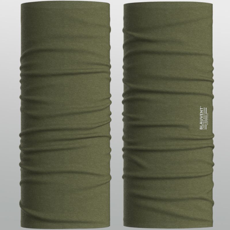 Front and back views of an olive-green seamless tubular merino neckwarmer.