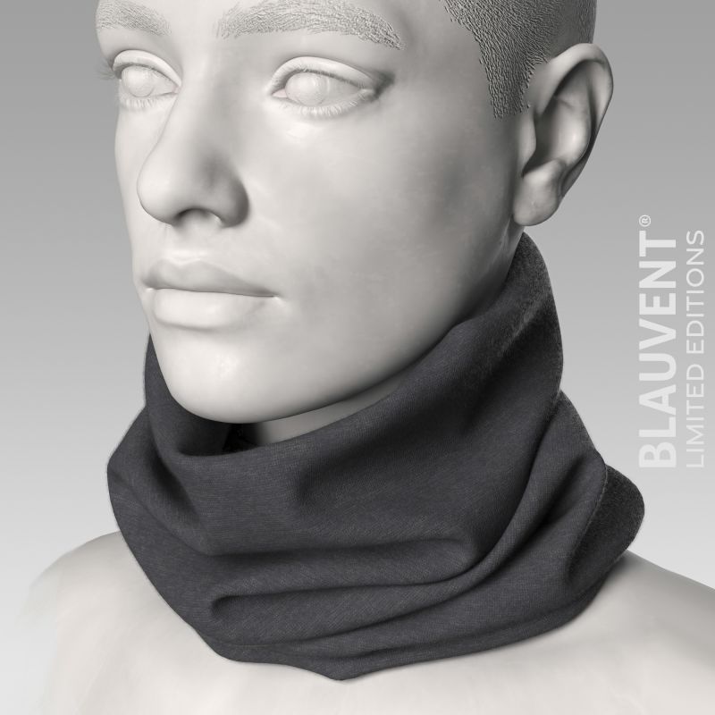 Three-quarter view of a charcoal grey merino wool neckwarmer on a digital mannequin.