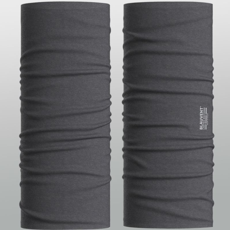 Front and back product views of a charcoal grey tubular merino wool neckwarmer.