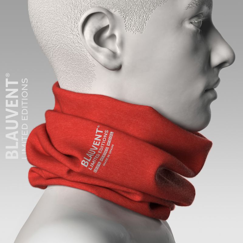 Side-profile 3D render of a red merino wool neckwarmer with BLAUVENT branding.