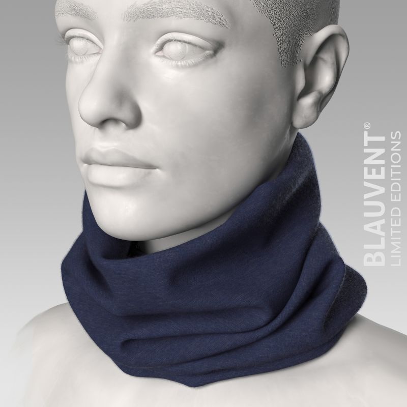 Navy blue merino wool neckwarmer shown on a 3D mannequin from the front.