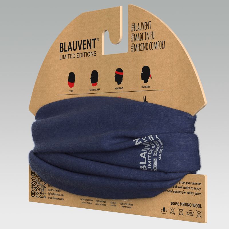Navy blue BLAUVENT merino neckwarmer folded on illustrated retail packaging.