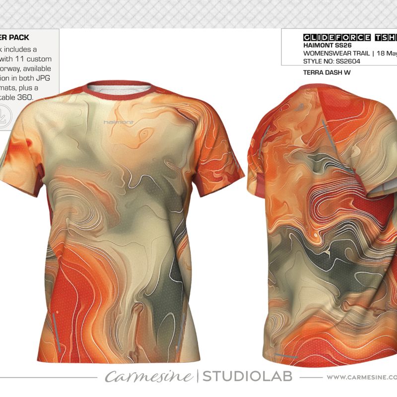 Front and back T-shirt design views featuring orange and beige swirling marble print