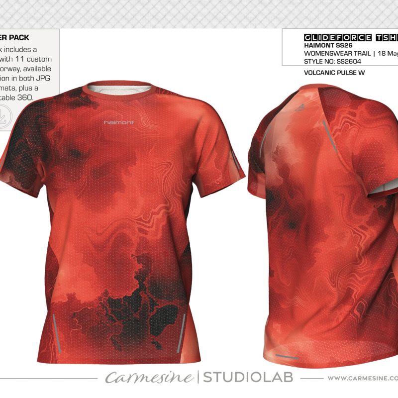 Red and black abstract tie-dye print applied across front and back of a T-shirt