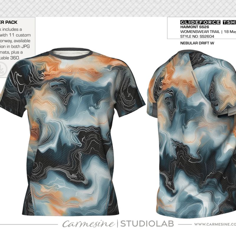 Front and back T-shirt mockups with blue, black and tan abstract print placement