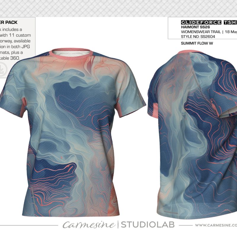 Front and back digital apparel views of a T-shirt with blue, violet and grey tie-dye patterns
