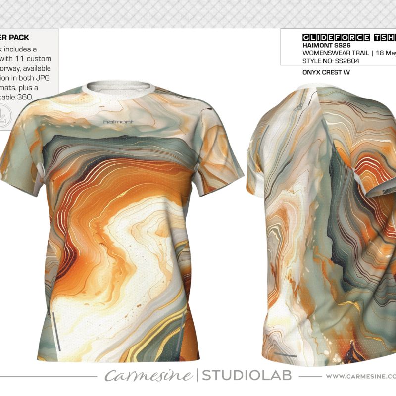 Orange and cream marbled textile artwork visualised on a short-sleeve T-shirt