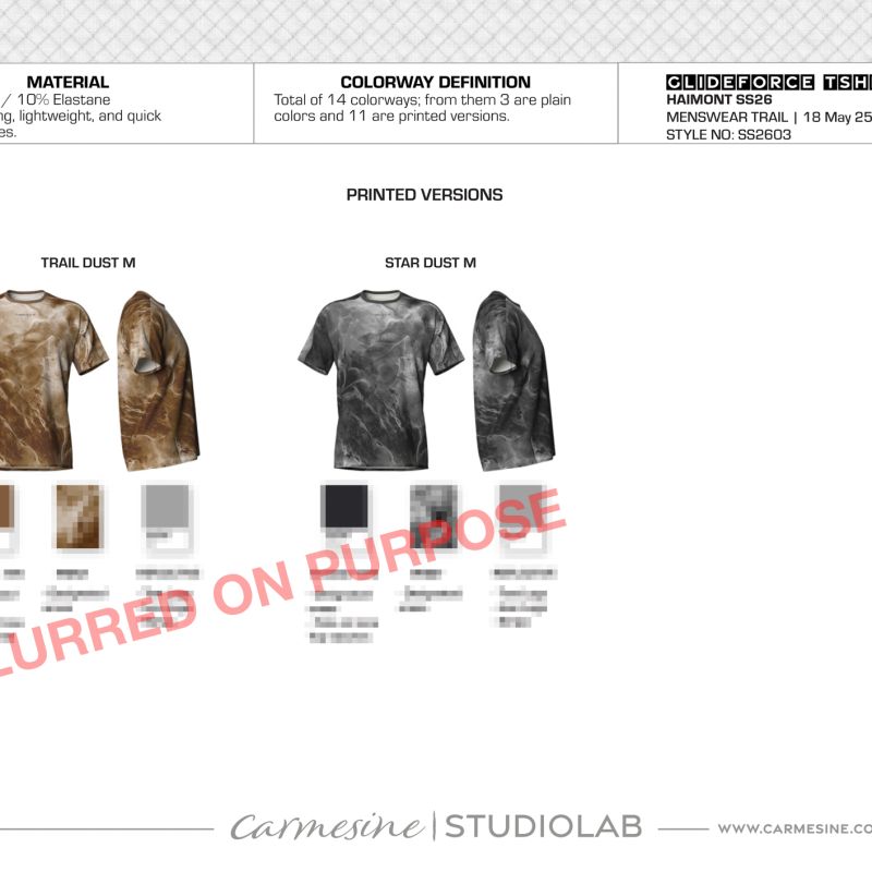 Tie-dye T-shirt collection board showing earthy brown and charcoal print variations