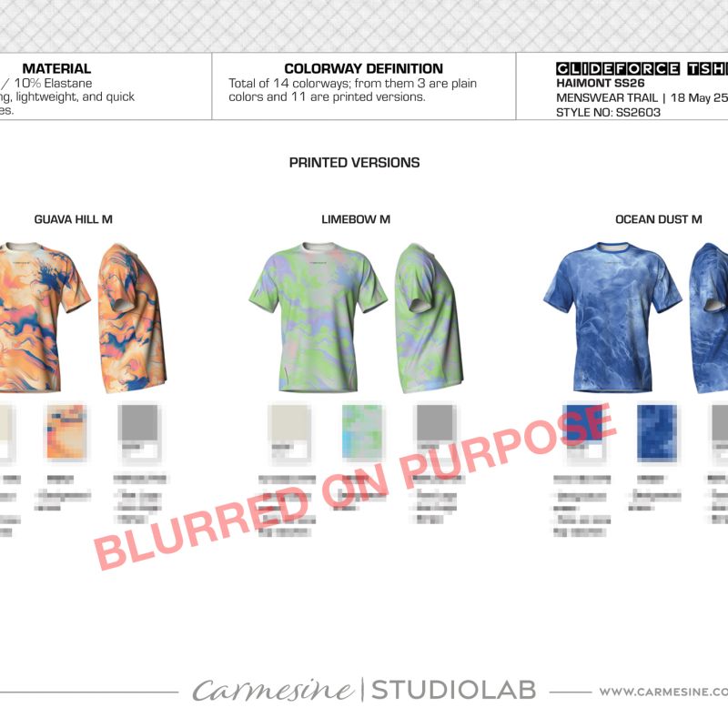 T-shirt print range presentation with expressive orange and pastel green and blue colourways