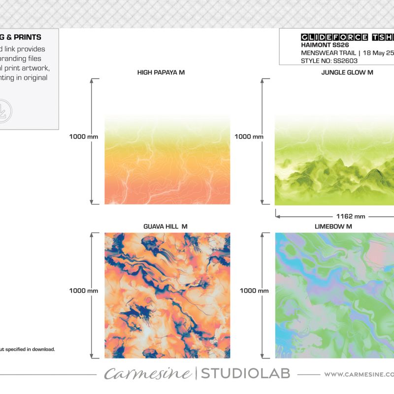 Digital print study board showing blue, orange and black marbled tie-dye concepts