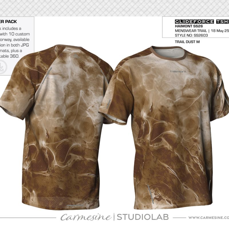 Front and back T-shirt visualisation with a pastel green and lilac abstract pattern