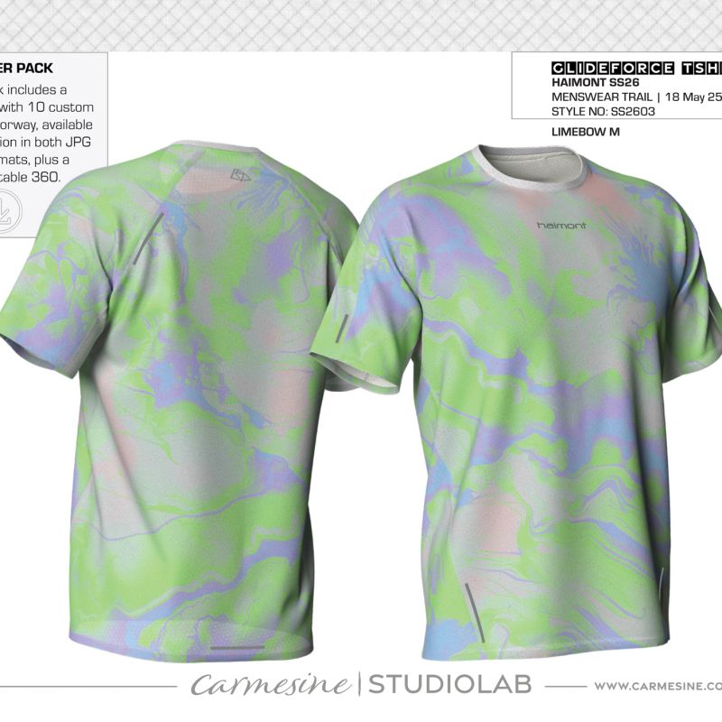 Digital T-shirt front and back views featuring vibrant orange, yellow and blue tie-dye