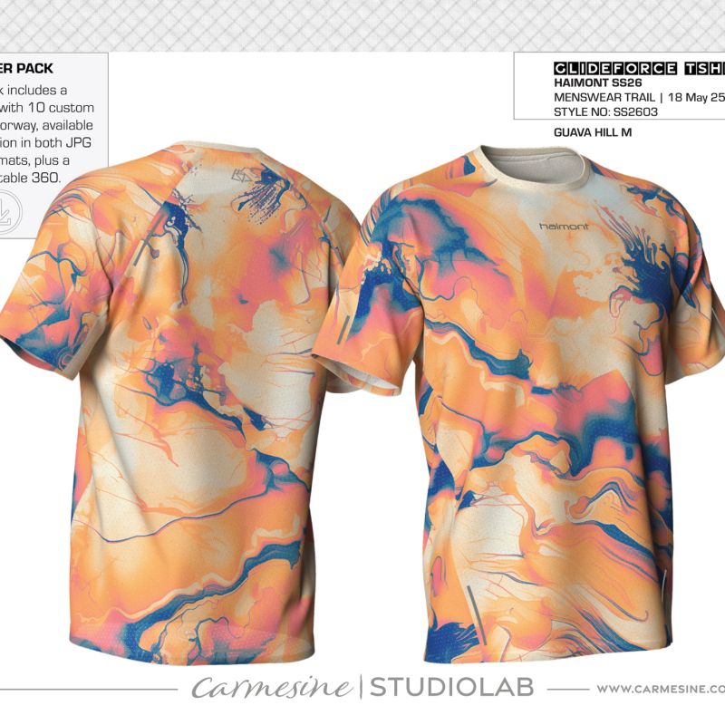 Front and back 3D views of a T-shirt with yellow-to-orange gradient dye effect