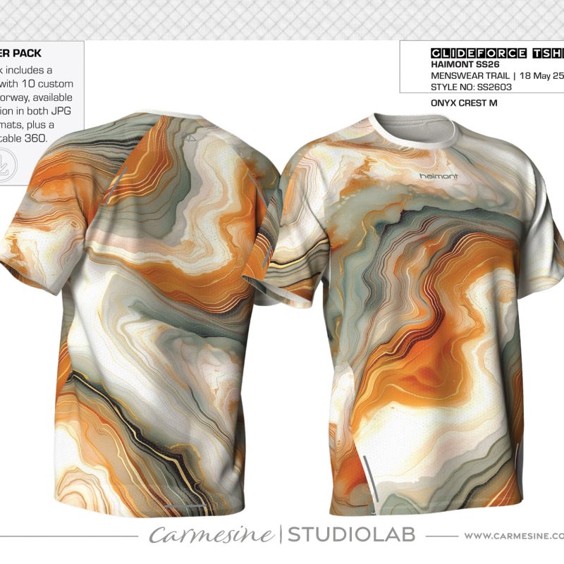 Front and back T-shirt visualisation with a deep rust-red tonal tie-dye pattern