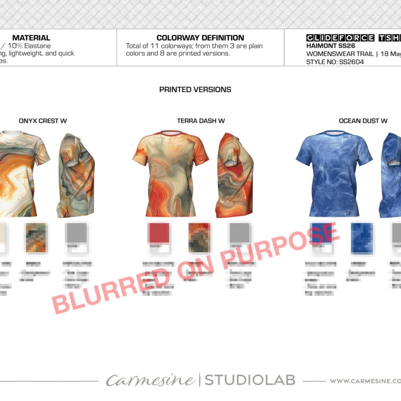 Tie-dye T-shirt collection presentation with orange, green and blue abstract print variations