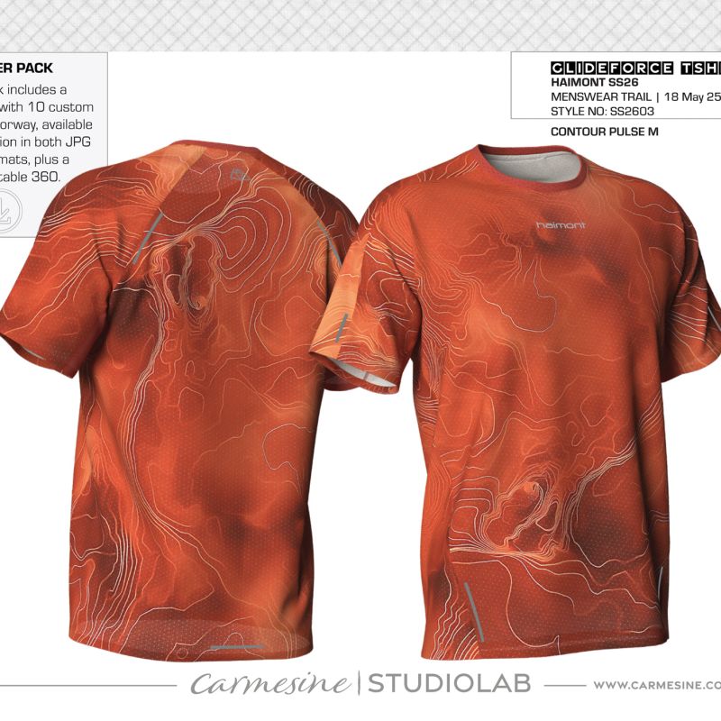 Front and back digital T-shirt views with a blue, black and orange abstract print